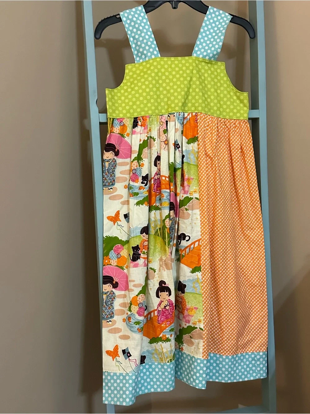 Girls Sz 8 RED THREAD STITCHES Boutique Dress w/ Kokeshi Style Fabric